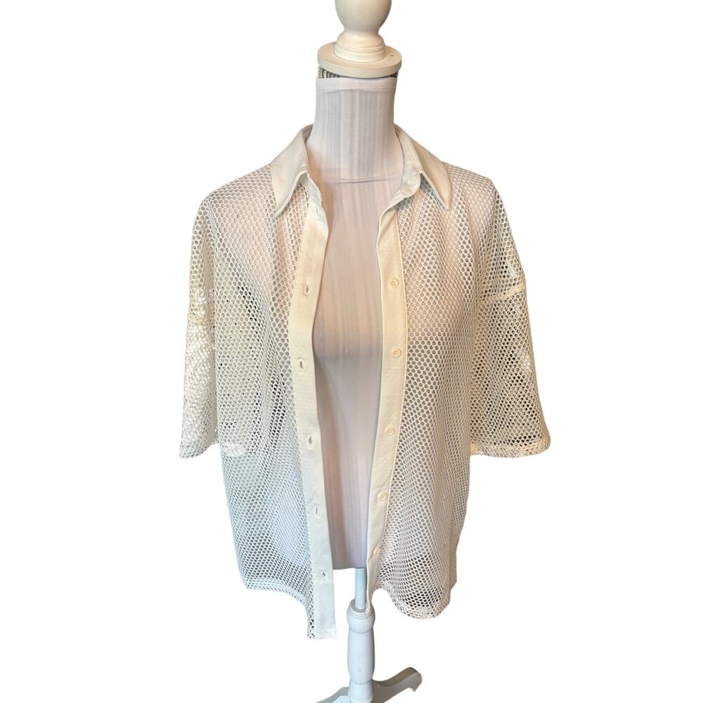 Divided by H&M White Open-Knit Mesh button up Size S NWT